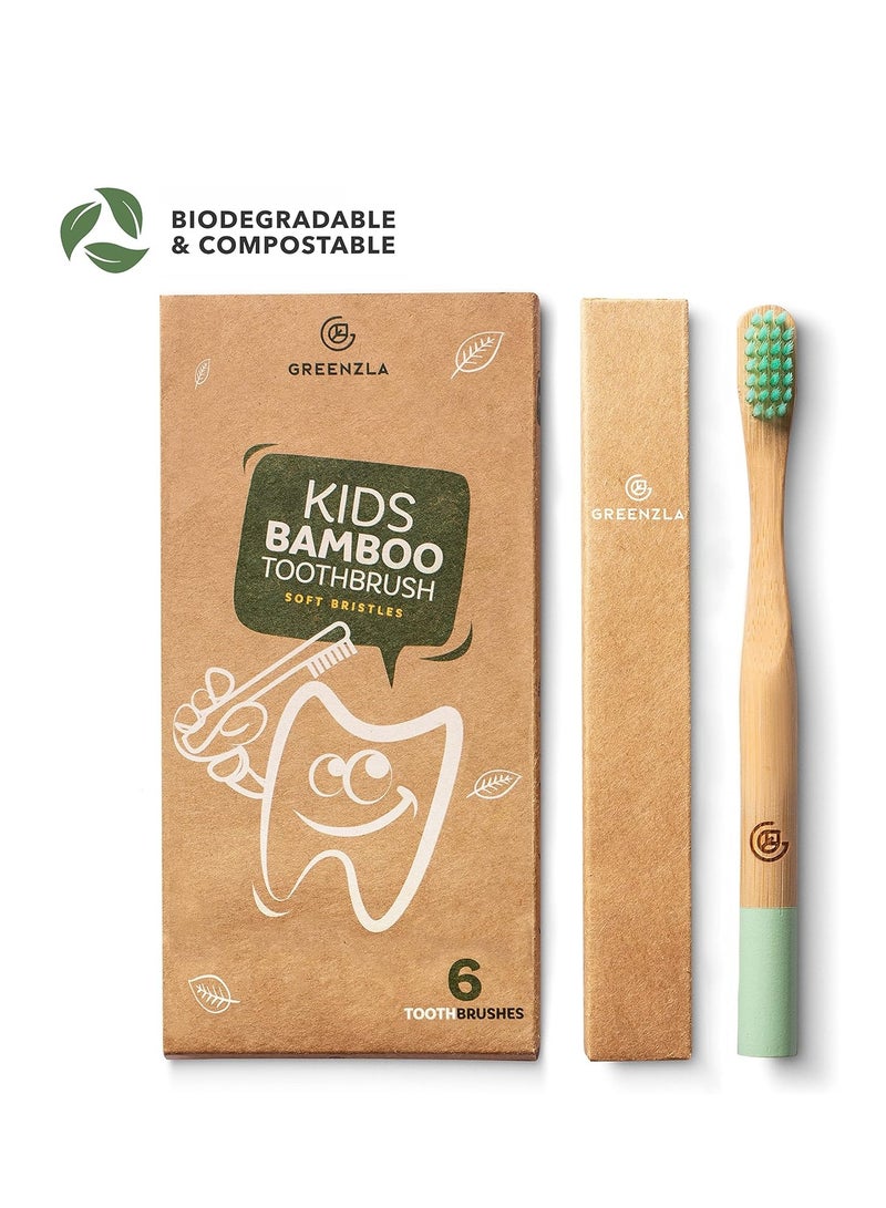 GREENZLA Kids Bamboo Toothbrushes, Natural Toothbrush Set, Soft Bristles, Durable Charcoal Wooden Brushes, Compostable Design for Toddlers and Children, 6 Pack