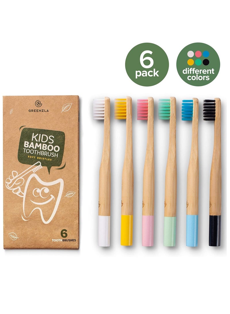 GREENZLA Kids Bamboo Toothbrushes, Natural Toothbrush Set, Soft Bristles, Durable Charcoal Wooden Brushes, Compostable Design for Toddlers and Children, 6 Pack