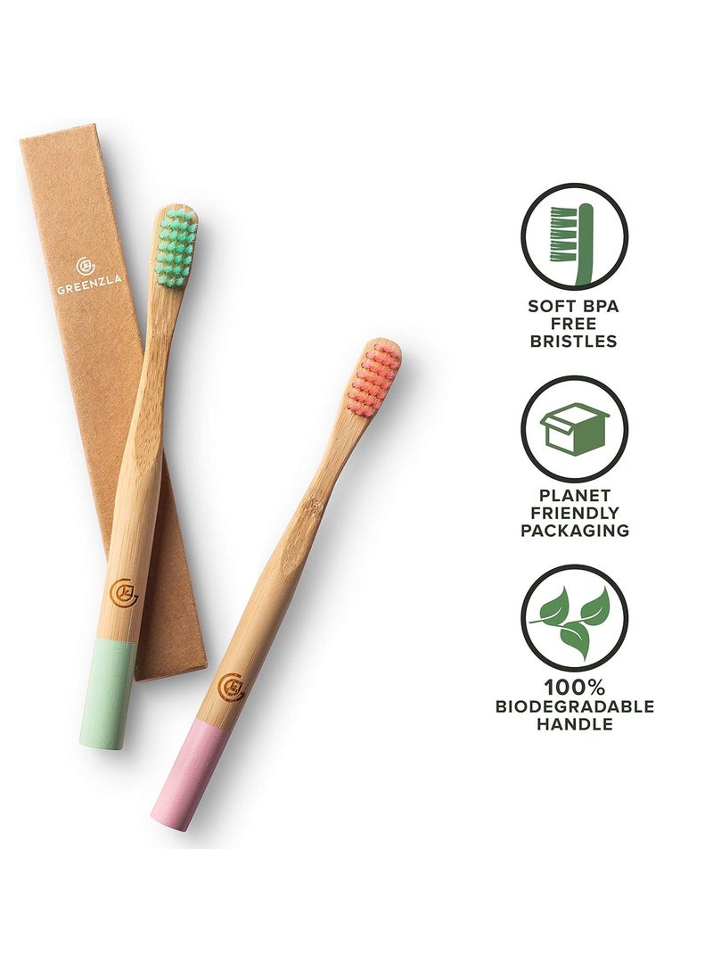 GREENZLA Kids Bamboo Toothbrushes, Natural Toothbrush Set, Soft Bristles, Durable Charcoal Wooden Brushes, Compostable Design for Toddlers and Children, 6 Pack