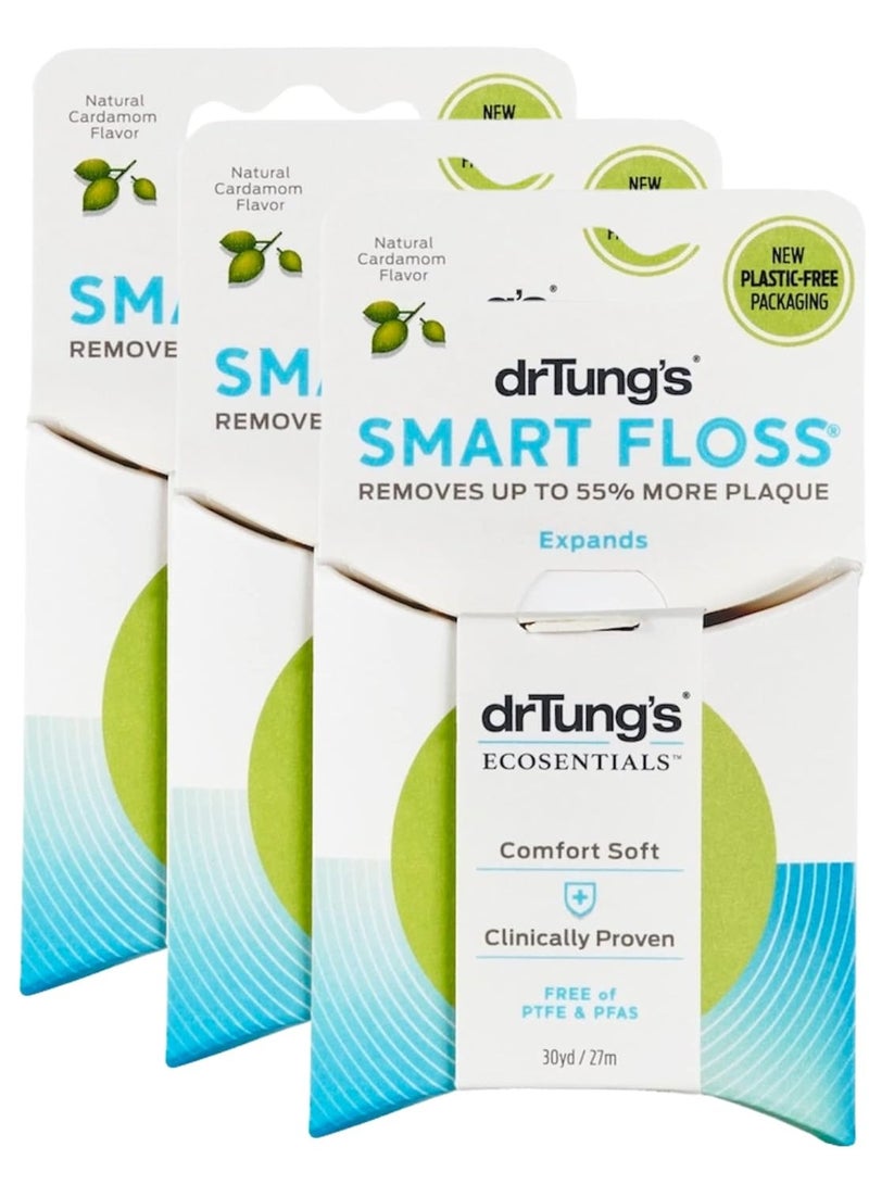 DrTung's Smart Floss - Natural Floss, PTFE & PFAS Free Floss, Gentle on Gums, Expands & Stretches, BPA Free Floss - Natural Dental Floss Cardamom Flavor (Pack of 3)