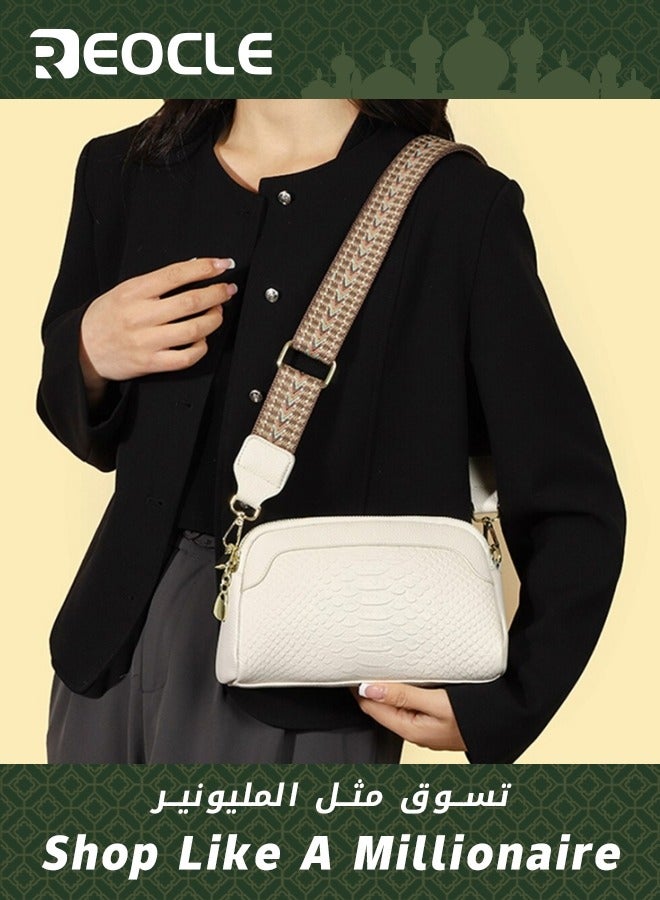 Crossbody Purse Bags for Women Trendy First Layer Cowhide Leather Woven Small Crossover Shoulder Bag with Detachable Guitar Strap White