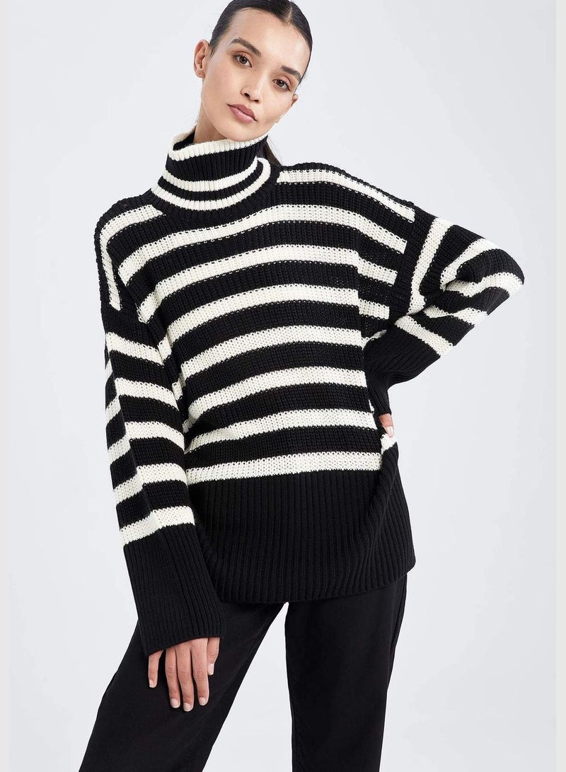Woman Relax Fit Turtle Neck Long Sleeve Tricot Pullover
