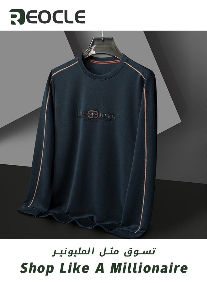 Men's 3D Tailoring Long Sleeve Shirt Fashion Korean Style Sweatshirt Casual Round Neck Top Dark Blue
