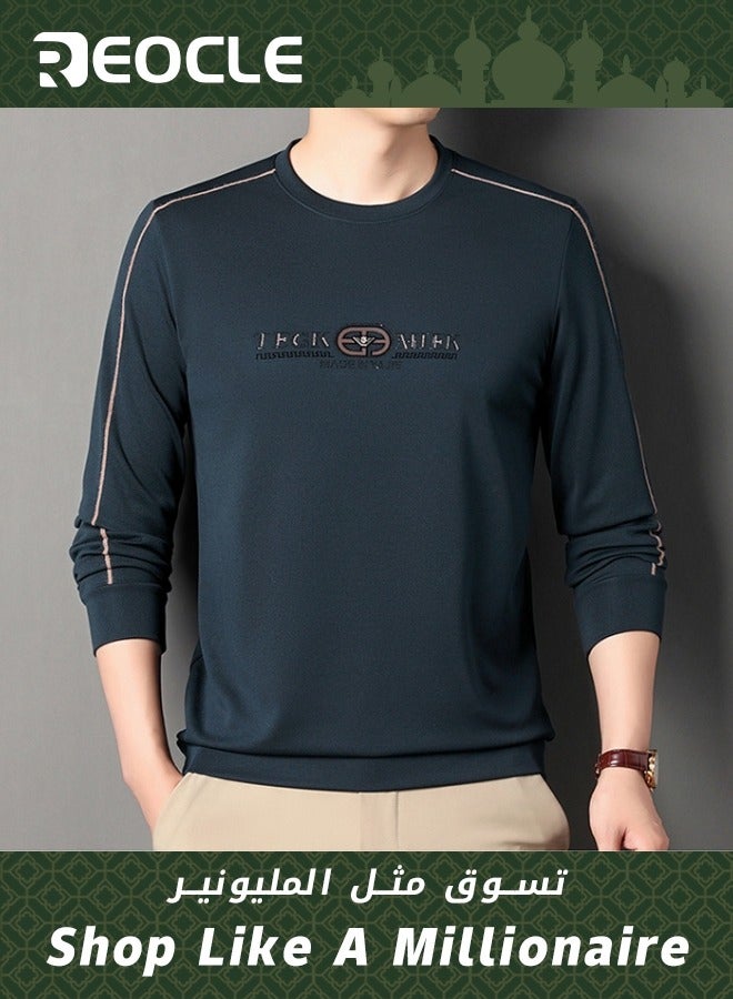 Men's 3D Tailoring Long Sleeve Shirt Fashion Korean Style Sweatshirt Casual Round Neck Top Dark Blue