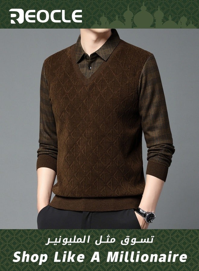 Men's Knit Thick Business Shirt with Retro Pattern Pullover Knit Sweater Versatile Kintted Cardigan Sweater Warm and Cozy Brown