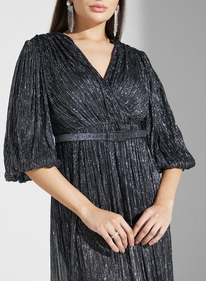 Metallic Belted Maxi Dress