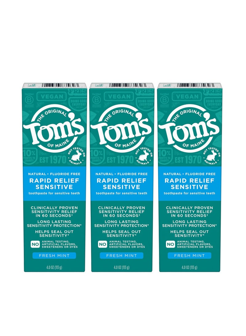 Tom's of Maine Fluoride-Free Rapid Relief Sensitive Toothpaste, Fresh Mint, 4 oz. 3-Pack (Packaging May Vary)