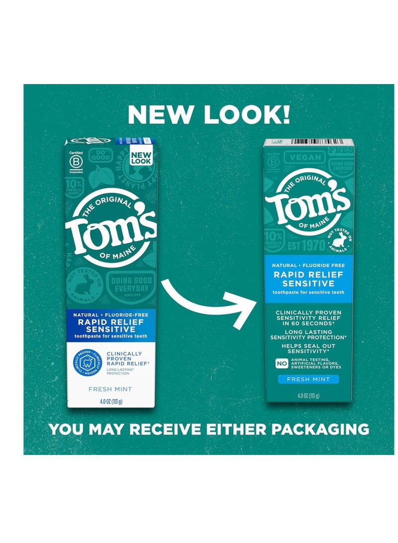 Tom's of Maine Fluoride-Free Rapid Relief Sensitive Toothpaste, Fresh Mint, 4 oz. 3-Pack (Packaging May Vary)