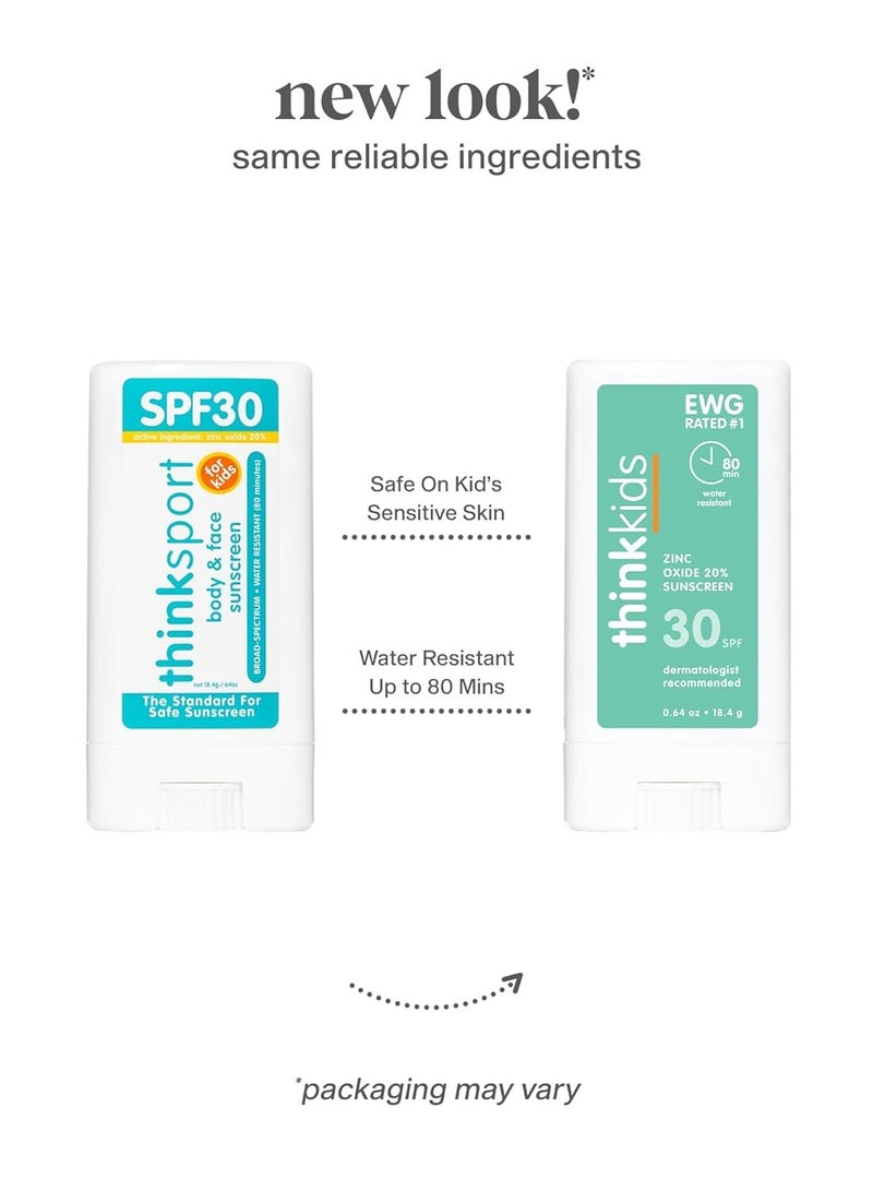Thinksport Kids SPF 30 Mineral Sunscreen Stick, 0.64 Oz, Safe, Natural, Water Resistant Reef Safe Sunscreen for Children, Broad Spectrum UVA/UVB Sun Screen, Travel Stick for Sun Protection