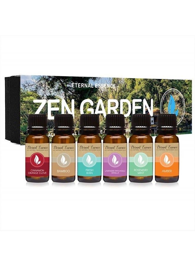 Zen Garden - Gift Set of 6 All Natural Fragrance Oils - Cinnamon Orange Clove, Bamboo, Fresh Rain, Lavender Patchouli Vanilla, Rosemary Mint and Amber - 10ML