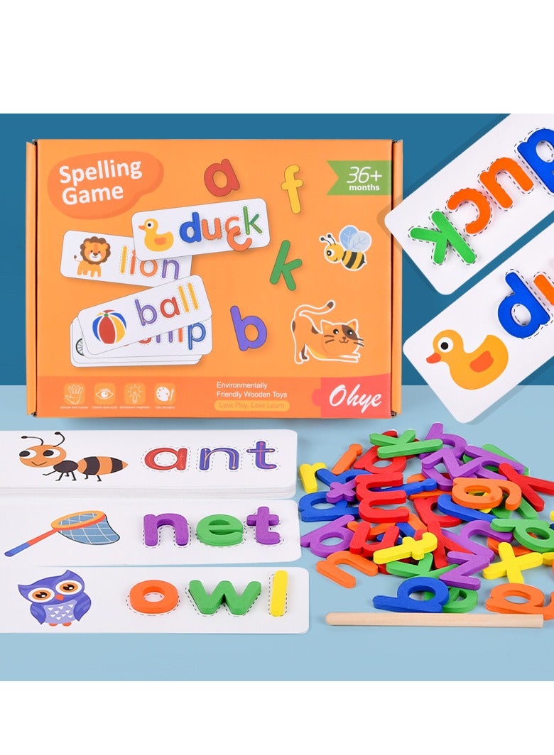 Montessori Spinning Alphabet Learning Toy Wooden Reading Alphabet Spelling Games with 28 Cards Letter Words Puzzle for Kids