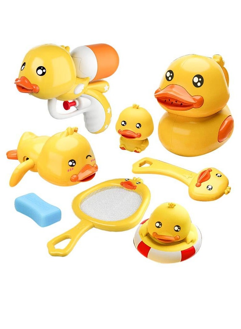 8-Piece Baby Duck Toy Set,Kids Bathtub Toys With Water Gun Fish Net,Pool Bath Time Bathroom Toy