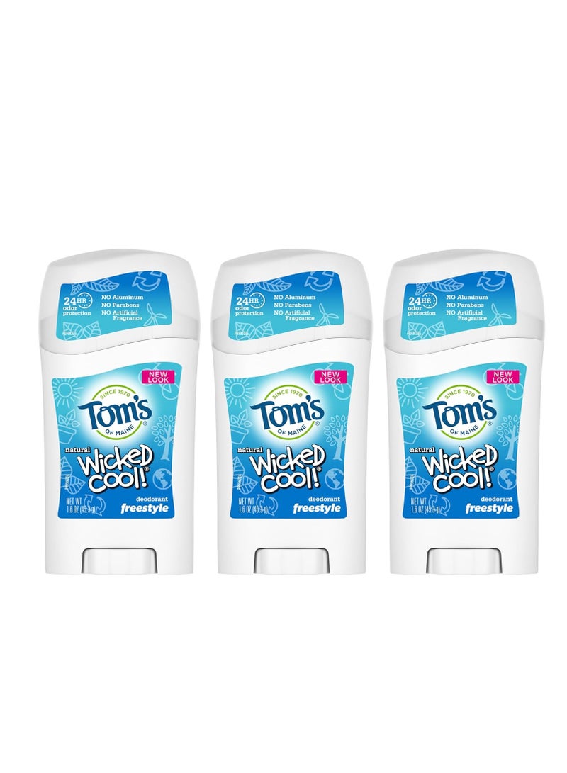 Tom's of Maine Aluminum-Free Wicked Cool! Natural Deodorant for Kids, Freestyle, 1.6 oz. 3-Pack (Packaging May Vary)