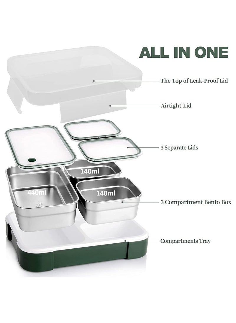 Stainless Steel Lunch Box for Kid School,Insulated Bento Lunch Box with Tableware & Bag,720ML 3 Compartment Divided Lunch Containers with Lids,Leakproof | BFA Free | Dishwasher Safe (Green)