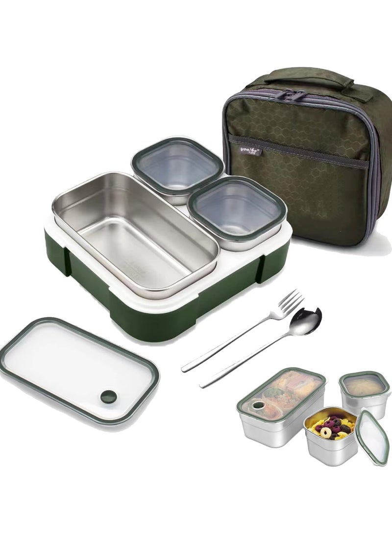 Stainless Steel Lunch Box for Kid School,Insulated Bento Lunch Box with Tableware & Bag,720ML 3 Compartment Divided Lunch Containers with Lids,Leakproof | BFA Free | Dishwasher Safe (Green)