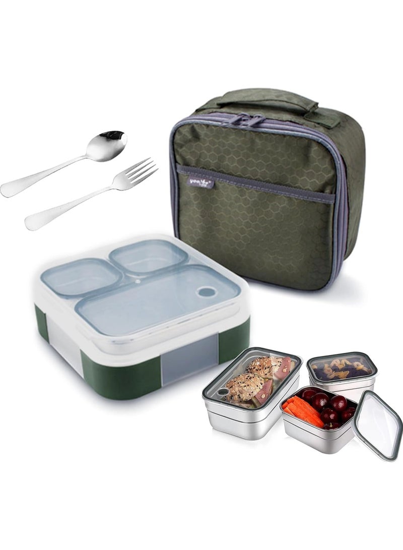 Stainless Steel Lunch Box for Kid School,Insulated Bento Lunch Box with Tableware & Bag,720ML 3 Compartment Divided Lunch Containers with Lids,Leakproof | BFA Free | Dishwasher Safe (Green)