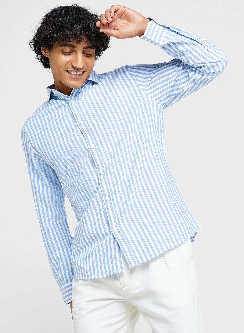 Blue Classic Slim Fit Striped Pure Cotton Casual Shirt