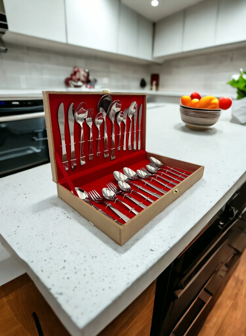 Exquisite 24 Piece Stainless Steel Cutlery Set: Premium Quality in a Distinctive Wooden Box