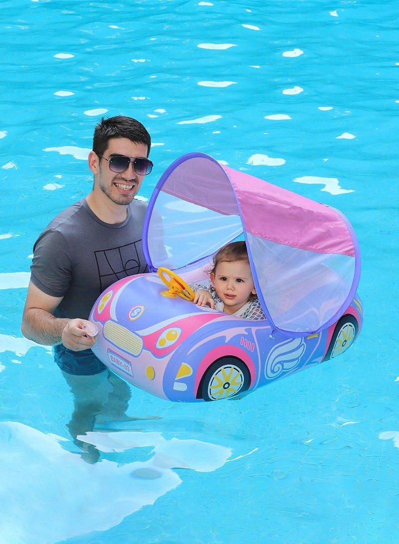 Inflatable Car Toddler Pool Float with Adjustable Sun Canopy and Safety Seat - Pool Toy for Kids 1-4 Years Old (Pink)