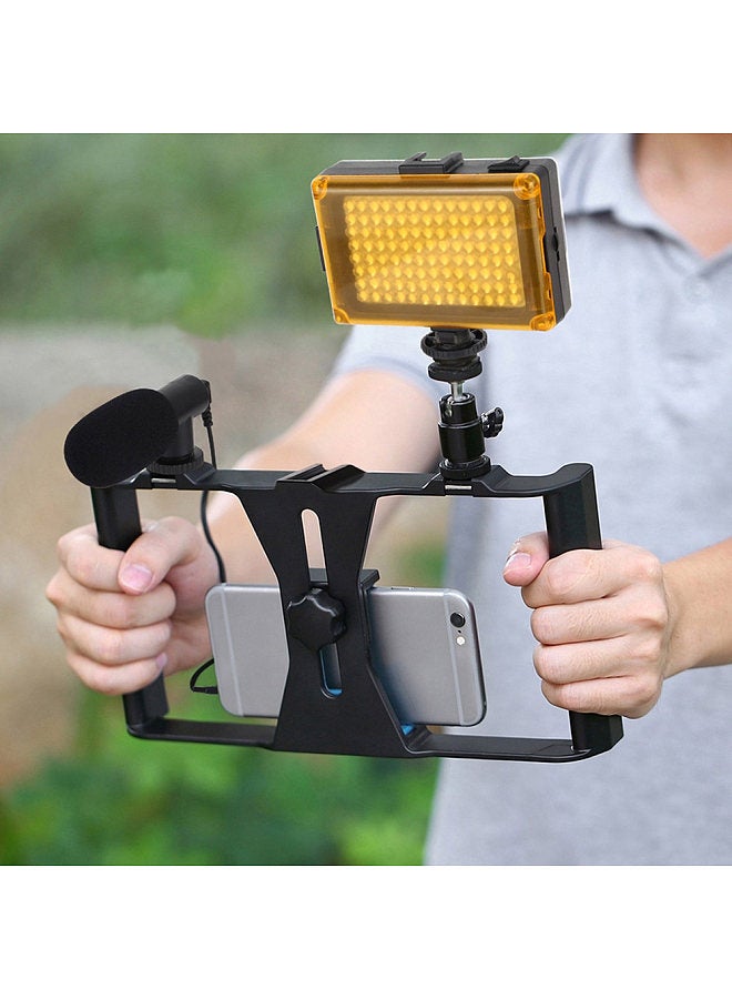 PKT3023 Smartphone Handheld Filmmaking Video Rig + 96 LEDs LED Studio Light + Video Microphone + Mini Tripod Mount Kits with Cold Shoe Tripod Head for Outdoor Shooting Live Broadcast