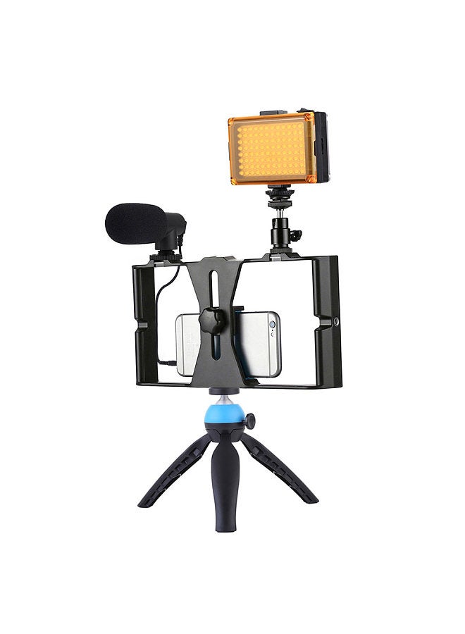 PKT3023 Smartphone Handheld Filmmaking Video Rig + 96 LEDs LED Studio Light + Video Microphone + Mini Tripod Mount Kits with Cold Shoe Tripod Head for Outdoor Shooting Live Broadcast