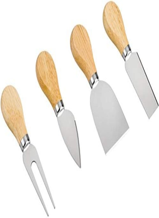 4 Piece Cheese Knife Set With Bamboo Wood Handle. Wooden And Stainless Steel Knives And Fork For Cutting Cheeses, Formaggio， For Housewarming, Birthday, Wedding, Thanksgiving