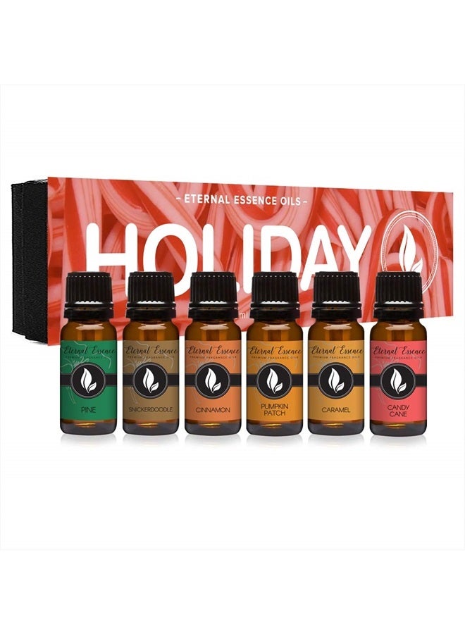 Holiday Fragrance Oil Gift Set - 6 Long Lasting Scents in 10mL Glass Bottles - Oils for Diffusers, Soap & Candle Making, Aromatherapy - Includes Candy Cane, Pumpkin Patch, & More
