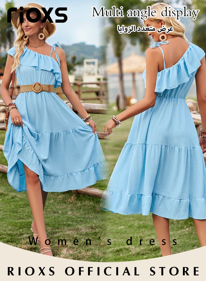 Women's One Shoulder Solid Color Casual Maxi Dress Ruffle Flowy Dresses High Waist Loose Dress Ruffle Long Dresses