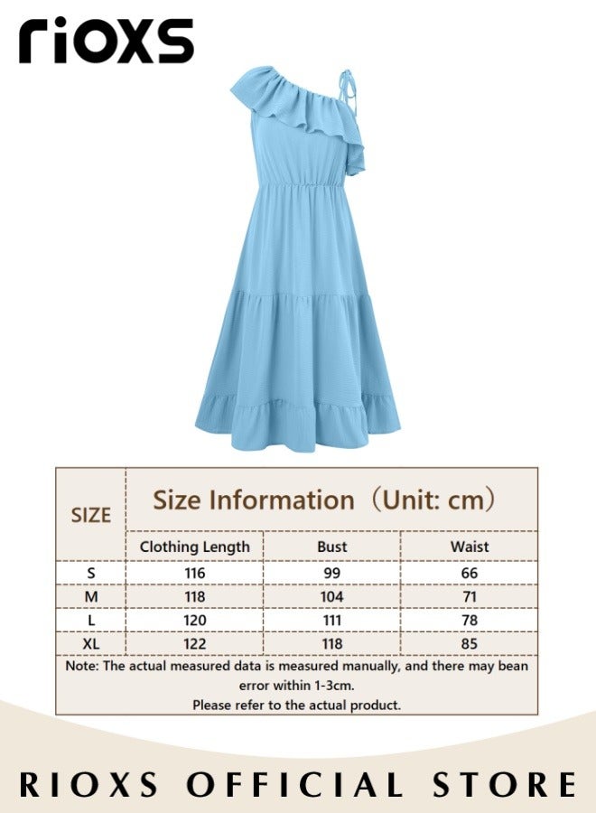 Women's One Shoulder Solid Color Casual Maxi Dress Ruffle Flowy Dresses High Waist Loose Dress Ruffle Long Dresses