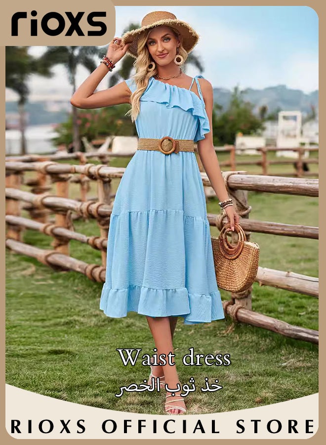 Women's One Shoulder Solid Color Casual Maxi Dress Ruffle Flowy Dresses High Waist Loose Dress