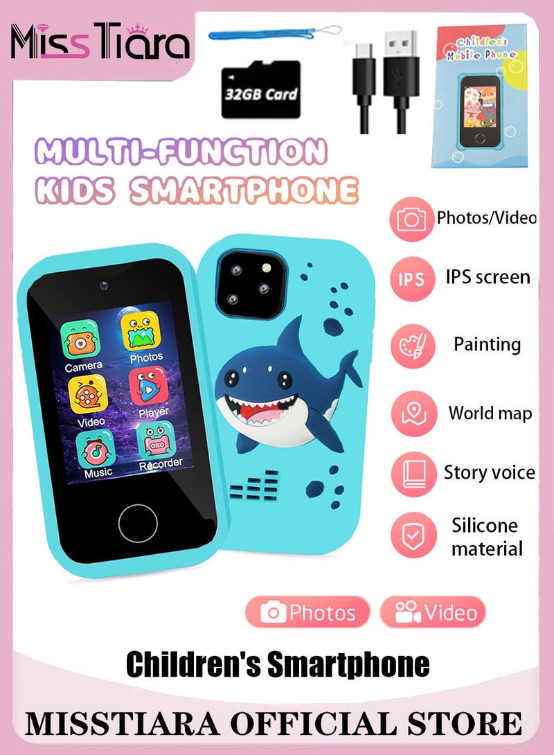 Kids Smartphone ToySuitable for 3~7 Years Old Boys with Dual Camera Touch Screen Toddler Mobile Phone Toy with Learning Games MP3 Music Player Suitable for 3 4 5 6 7th Birthday Gift 32GB SD Card Blue
