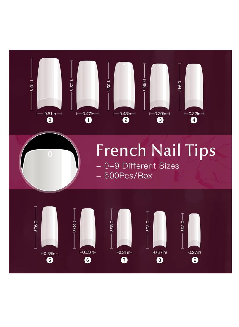 500PCS Half Cover False Nails Tips - Acrylic Nail Tips, krofaue 10 Sizes Lady French Style Acrylic Artificial Tip Manicure with Box for Nail Tips Art Salons and Home DIY