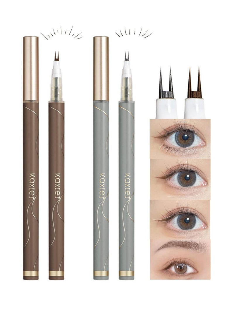 2 Pack Dual-Tip Eye Liner, 3 In 1 Long Lasting Waterproof Eyebrow Pencil, Professional Makeup Liquid Eye Liner Pencil for Women (Gray & Brown)