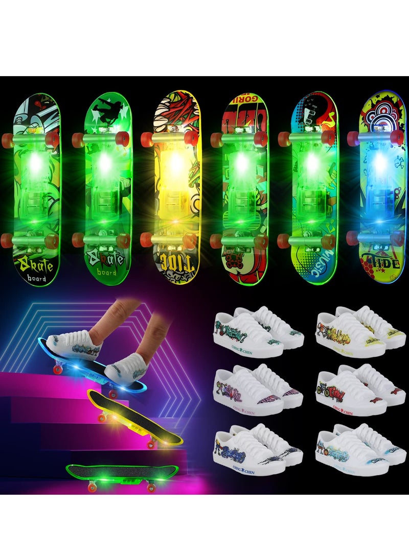 12 Pcs Finger Skateboards Shoes Toys Set, Light Up LED Fingerboard Mini Skateboards for Friends School Classroom Exchange Prizes for Students Children's Birthday Gift (Random Color)