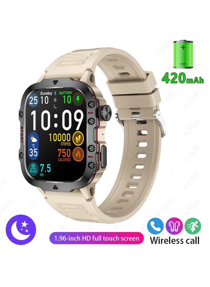 LIGE 1.96 HD Screen 420 mAh Sports Smart Watch Men Waterproof Bluetooth Calling Health Monitoring 100+ Sports Mode Men Smart Watches Silicone White