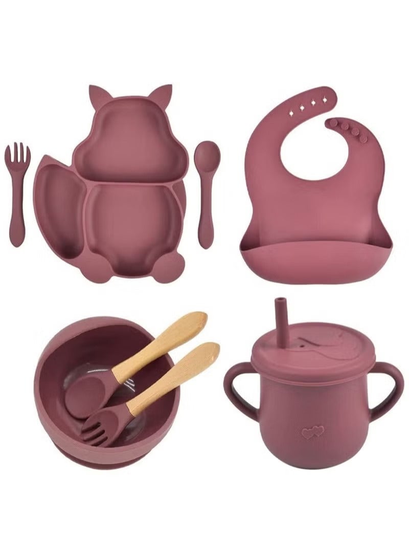 Pack of 8 Baby Squirrel Non-Slip Feeding Set Food Grade Silicone Tableware Cutlery And Plates Set - Self Feeding Utensils