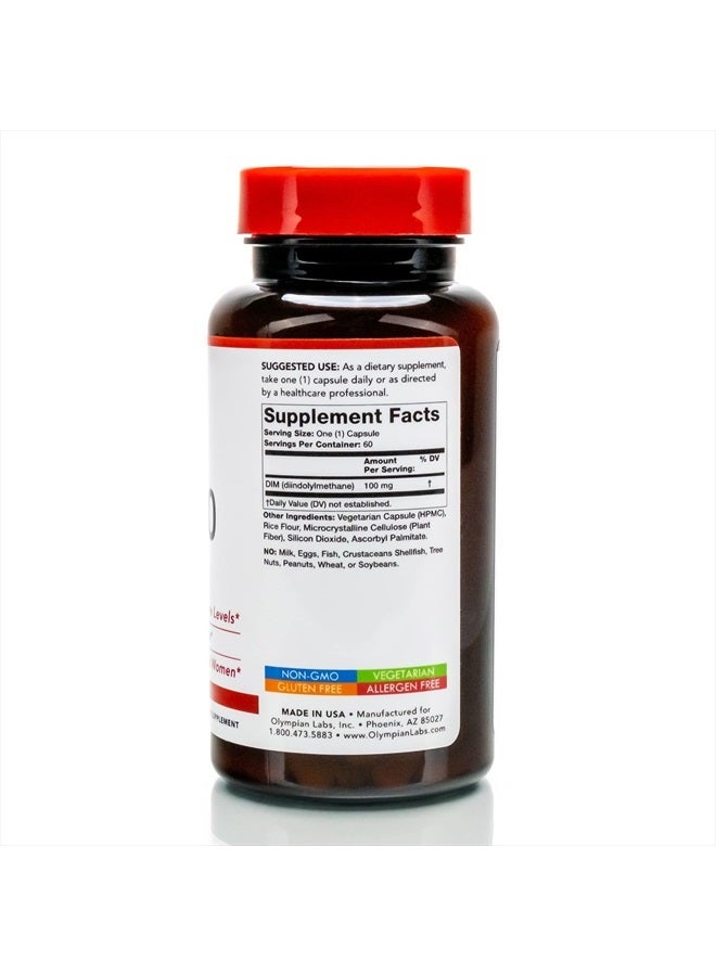 DIM Supplement 100mg - Capsules - Diindolylmethane for Estrogen Balance, Hormone Menopause Relief, Acne Treatment, PCOS, Bodybuilding, 100 Mg, 60 Count (Pack of 1)