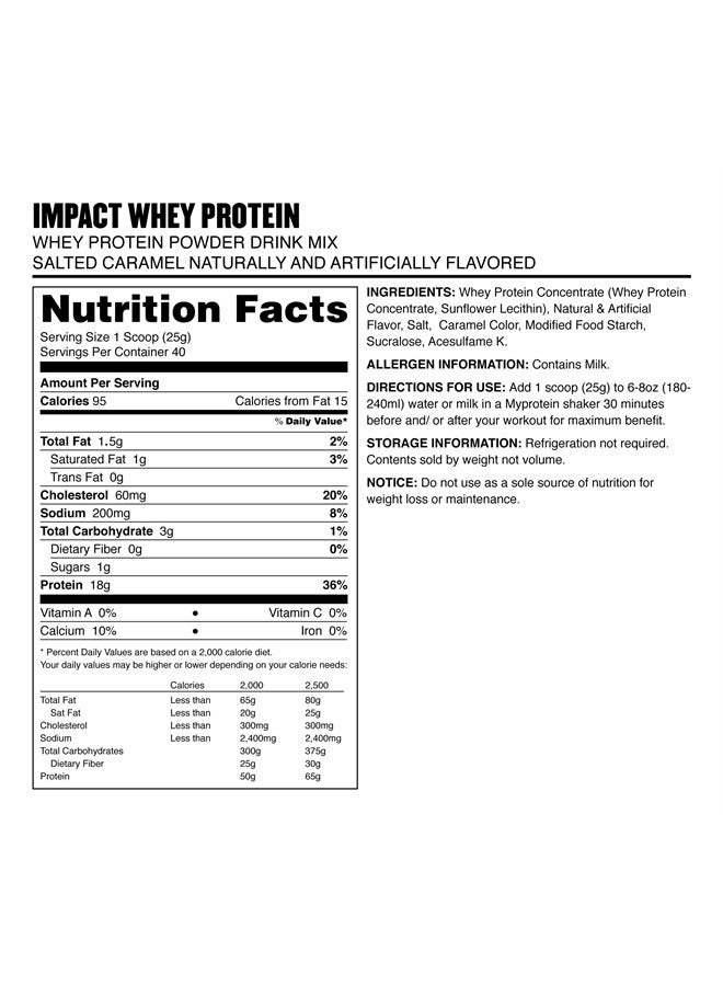 Impact Whey Protein Powder, 2.2 Lbs (31 Servings) Salted Caramel, 22g Protein & 5g BCAA Per Serving, Protein Shake for Superior Performance, Muscle Strength & Recovery, Gluten Free