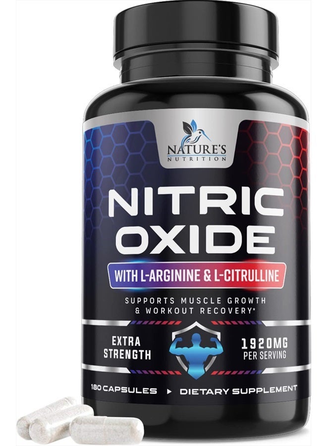 Extra Strength Nitric Oxide Supplement L Arginine 3X Strength - Citrulline Malate, AAKG, Beta Alanine - Premium Muscle Supporting Nitric Oxide Booster for Strength & Energy - 180 Nitric Oxide Capsules