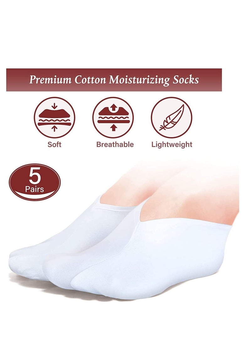 Moisturizing Socks Overnight Spa Socks for Dry Feet Moisture Enhancing Socks Foot Care Treatment Soft Premium Cotton Spandex Socks Cosmetic Moisturizing Socks for Women and Men White 5 Pairs