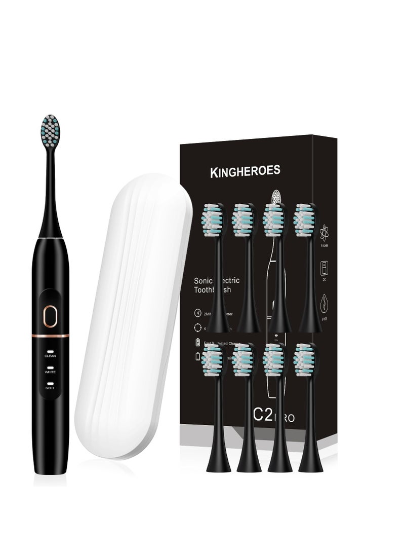 Electric Toothbrush Set, Comes with 8 Brush Heads & Travel Case,4 Modes with 2 Minutes Built in Smart Timer, One Charge for 60 Days, 42000 VPM Motor (Black)