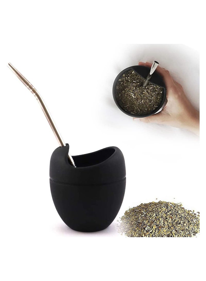 Reusable Silicone Cups, Silicone Mate Gourd Cup Mug Gourd Set With Stainless Steel Straw Filter To Drink Tea And Yerba Mate Drinking, BPA Free, Easy To Clean, 180 Ml (Black)