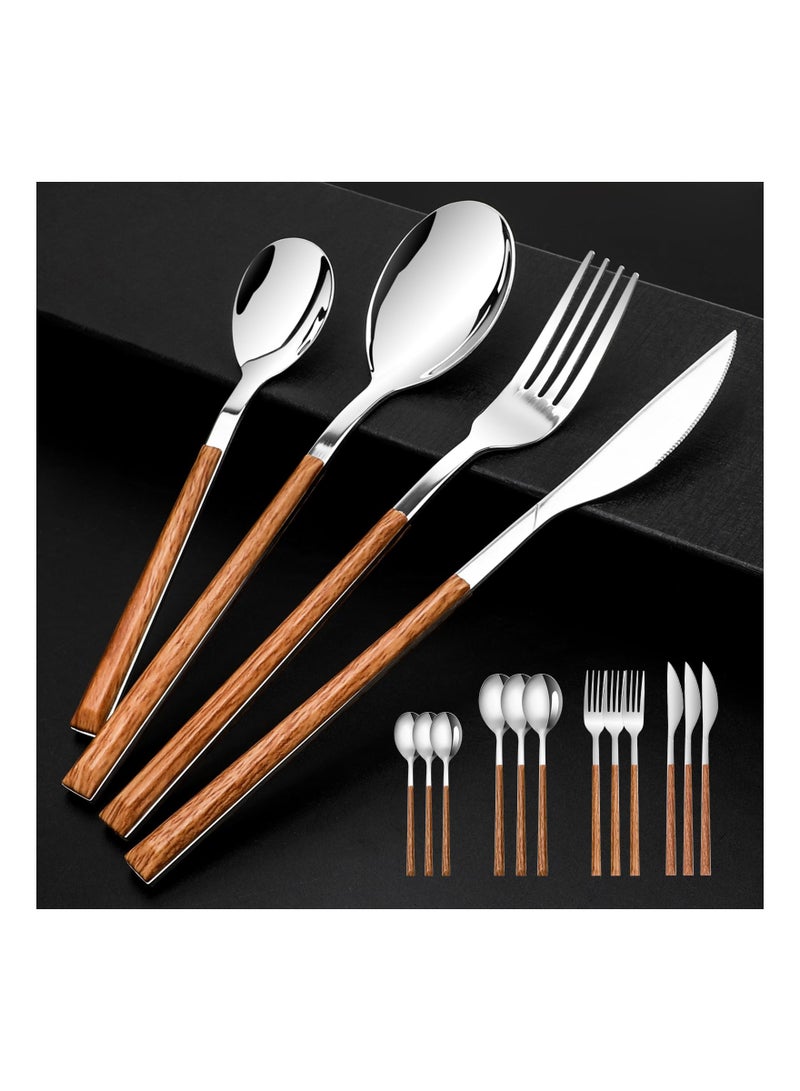 16PCS Stainless Steel Flatware, (Service for 4) Cutlery Set with Simulated Wooden Handles Stylish Cutlery  Stainless Steel Cutlery Dining Table Flatware Set  for 4, Mirror Polished and Dishwasher Safe