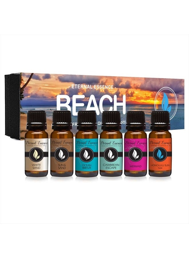 Beach - Gift Set of 6 Premium Fragrance Oils - White Sand, Ocean Breeze, Honolulu Sun, Mermaid, Caribbean Escape and Sun & Sand - 10ML