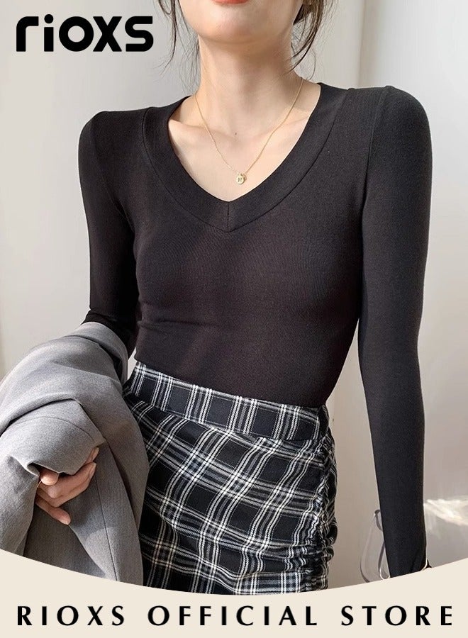 Women's Long Sleeve Basic Shirts, Comfortable Skin-friendly Slim Fitted Underscrub, Soft Stretchy Tops, V-neck Pullover for Women, Classic Simple Undershirt with Fitted Silhouette, Versatile Essential Piece that Can Adapt to Any Situation