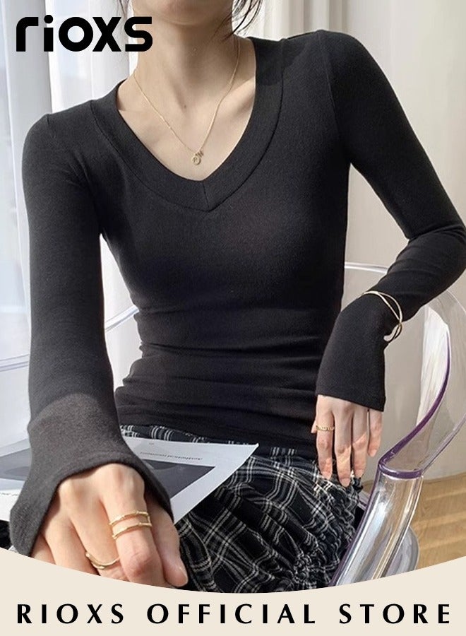 Women's Long Sleeve Basic Shirts, Comfortable Skin-friendly Slim Fitted Underscrub, Soft Stretchy Tops, V-neck Pullover for Women, Classic Simple Undershirt with Fitted Silhouette, Versatile Essential Piece that Can Adapt to Any Situation
