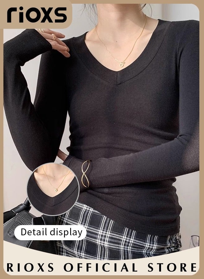 Women's Long Sleeve Basic Shirts, Comfortable Skin-friendly Slim Fitted Underscrub, Soft Stretchy Tops, V-neck Pullover for Women, Classic Simple Undershirt with Fitted Silhouette, Versatile Essential Piece that Can Adapt to Any Situation