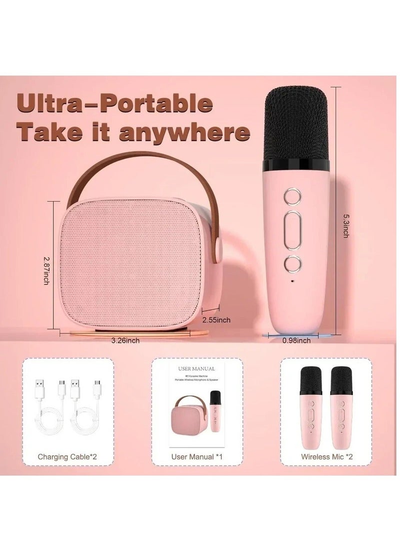 Portable Karaoke Speaker Kits,Mini Wireless Karaoke Speakers with 2 Pack Wireless Microphone for Home Outdoor Party Pink