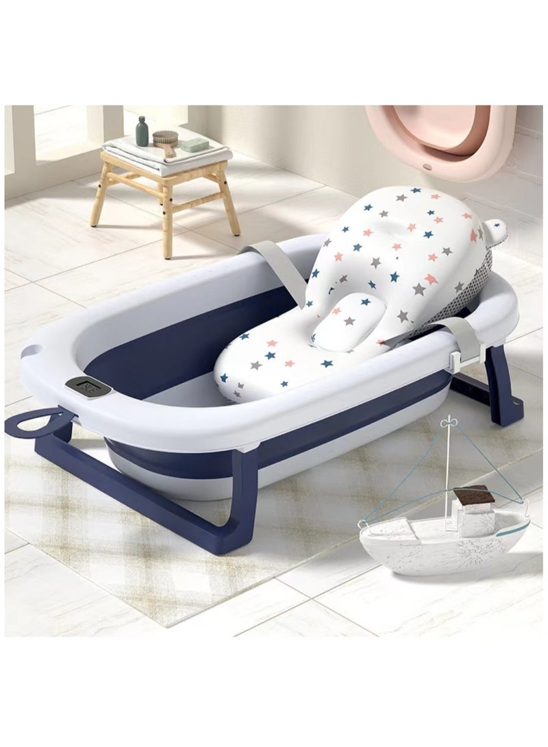 Folding baby bathtub with thermometer, blue