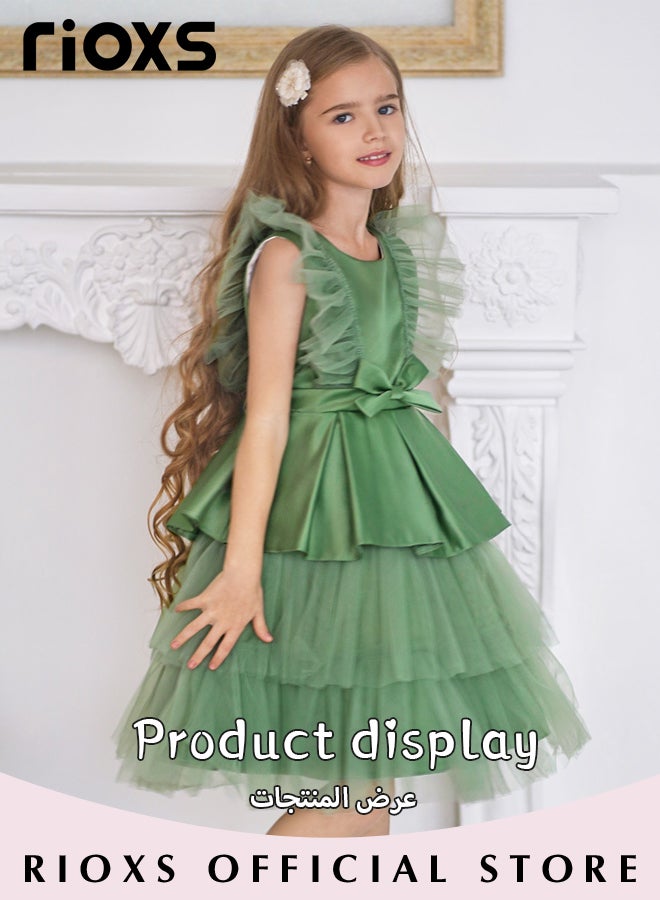 Toddler Girls Flutter Sleeves Pleated Flower Dress Pageant Bowknot Dress Costumes Wedding Dress for Birthday Party Formal Occasions